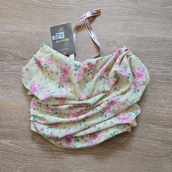 HOUSE OF CB Vivienne Floral Corset Lemon Print Sz Small Strapless Scoop Neck NWT - Picture 1 of 16
